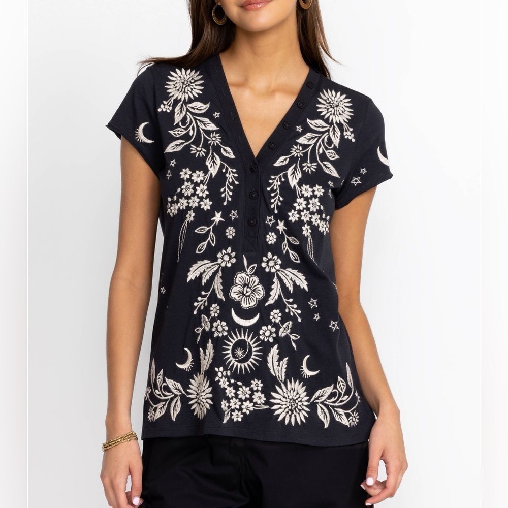 Johnny Was Dark Grey Oleander Embroidered Button Neck Knit Boho Tee Top - Picture 2 of 11